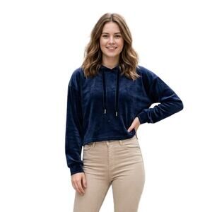 Philosophy Blue Velor Pull Over Cropped Hoodie Top , L
